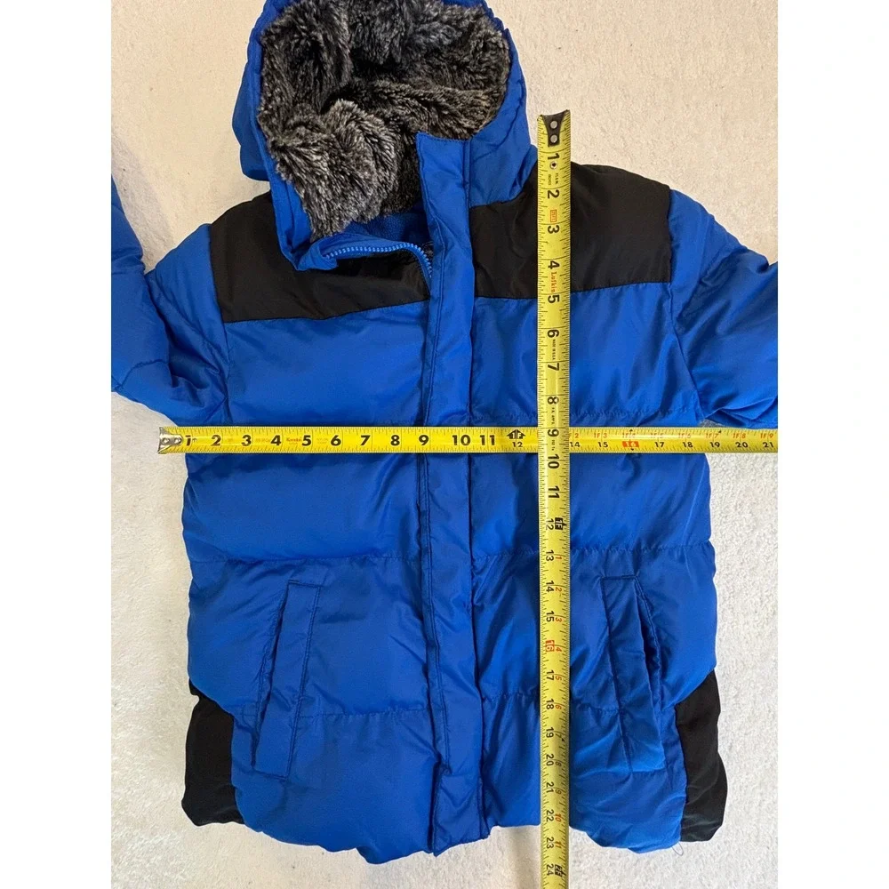 Wonder Nation Boys Blue Black Puffer Jacket Hooded Faux Fur Fleece Lined L 10-12
